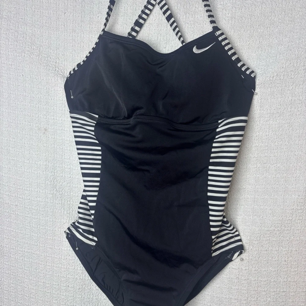 Nike Women's Black and White Striped One Piece‎ Swimsuit